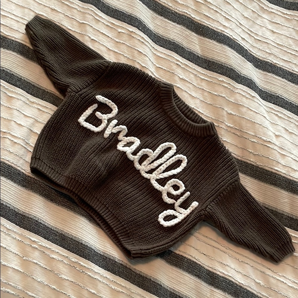 Brown Knit Sweater with White Script Bradley